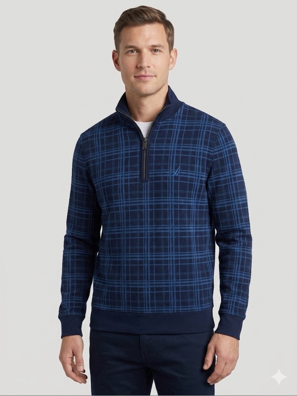 Nautica Blue Plaid Quarter Zip Pullover Sweater Mens M (A700)